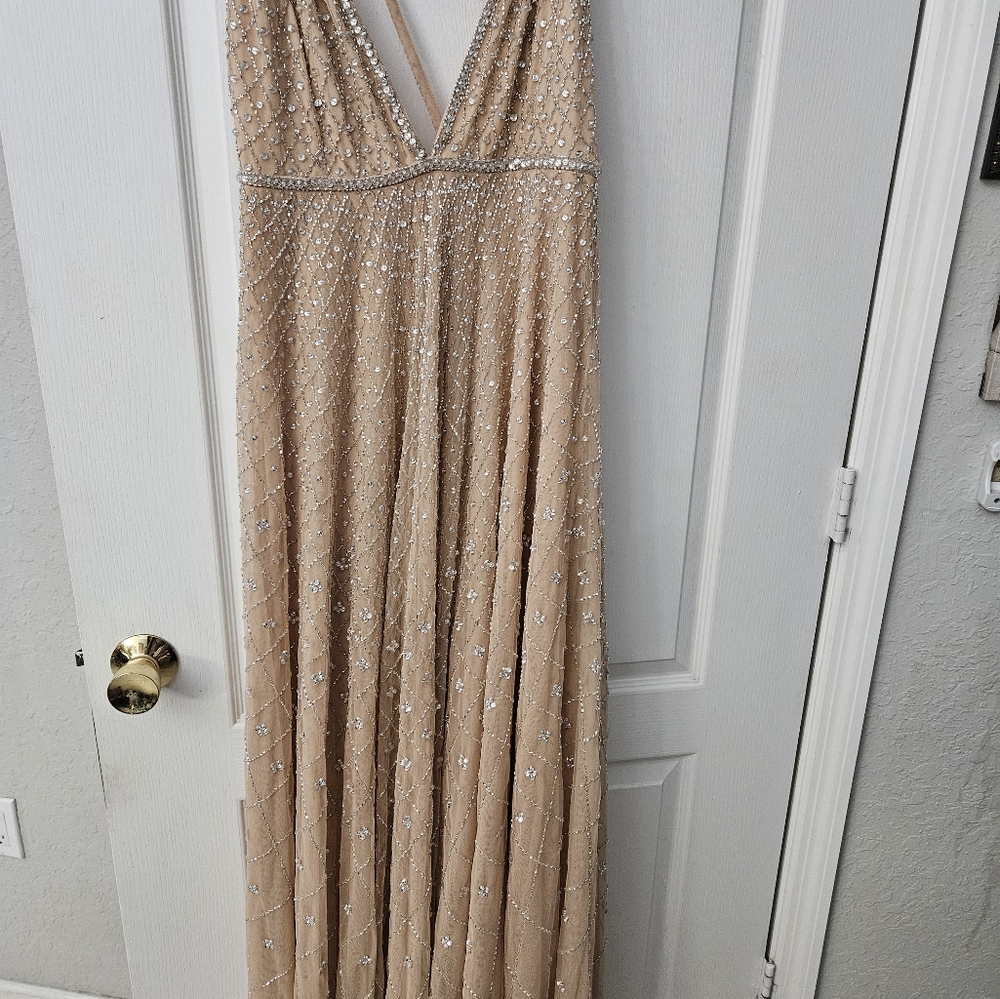 Mac Duggal 93701 Plunging V-Neck Empire Waist A-Line Dress Nude Silver Sz 10 NWT - Picture 3 of 8